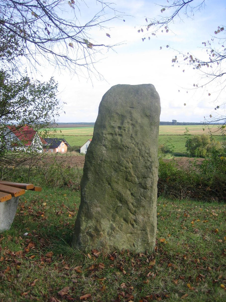 Der Hilgenstein, ein aufrecht stehender Menhir aus Sandstein am Ortsrand von Werkel